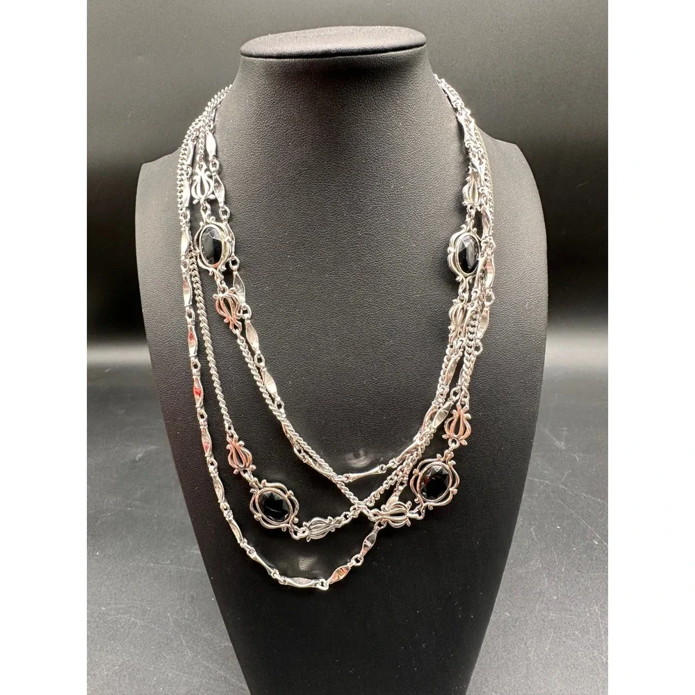 Sarah Coventry‎ Vintage Silver Tone Black Cabochon Extra Long Layer Necklace 74